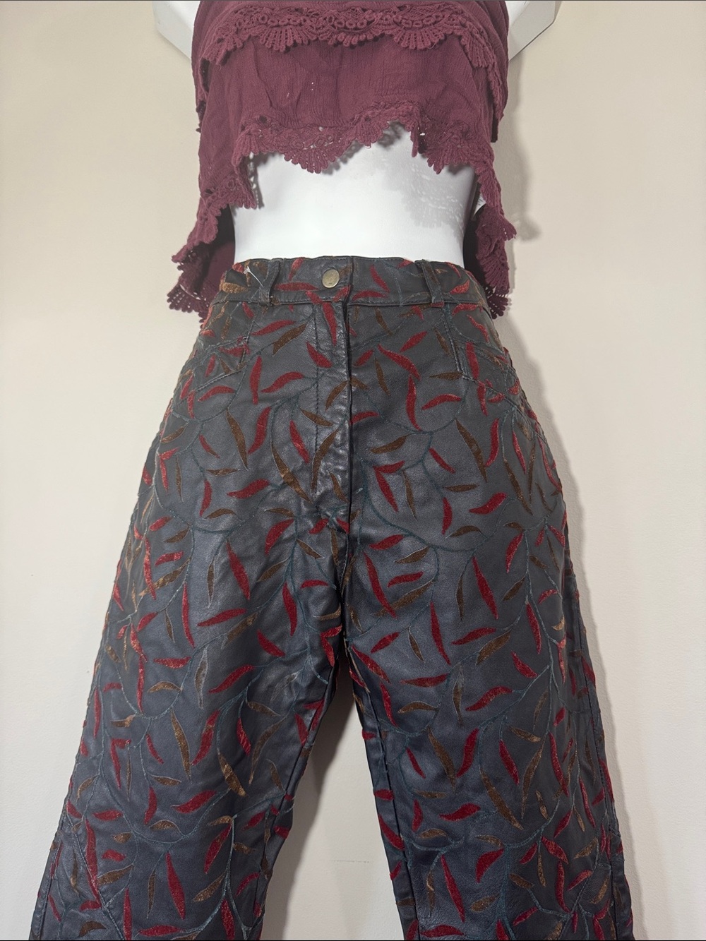 1980s Black Leather & Red Velvet Goth Patterned High Waisted Trousers